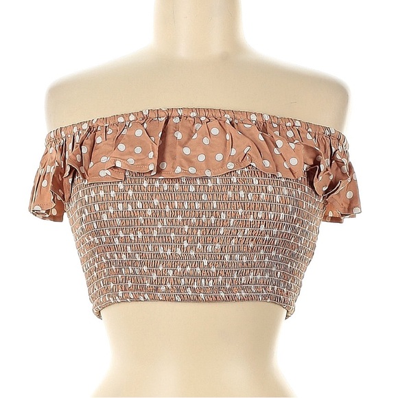 Koy Resort Tops - Koy Resort Tan/White Girly Hipster Polkadot Crop Top with Ruffle Detail Sz M
